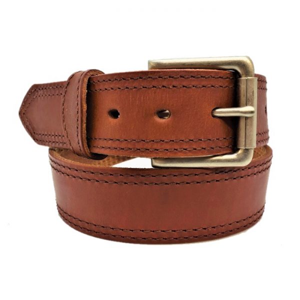 Handmade Double Stitched Leather Belt in Waxed Tan Brown Stitching